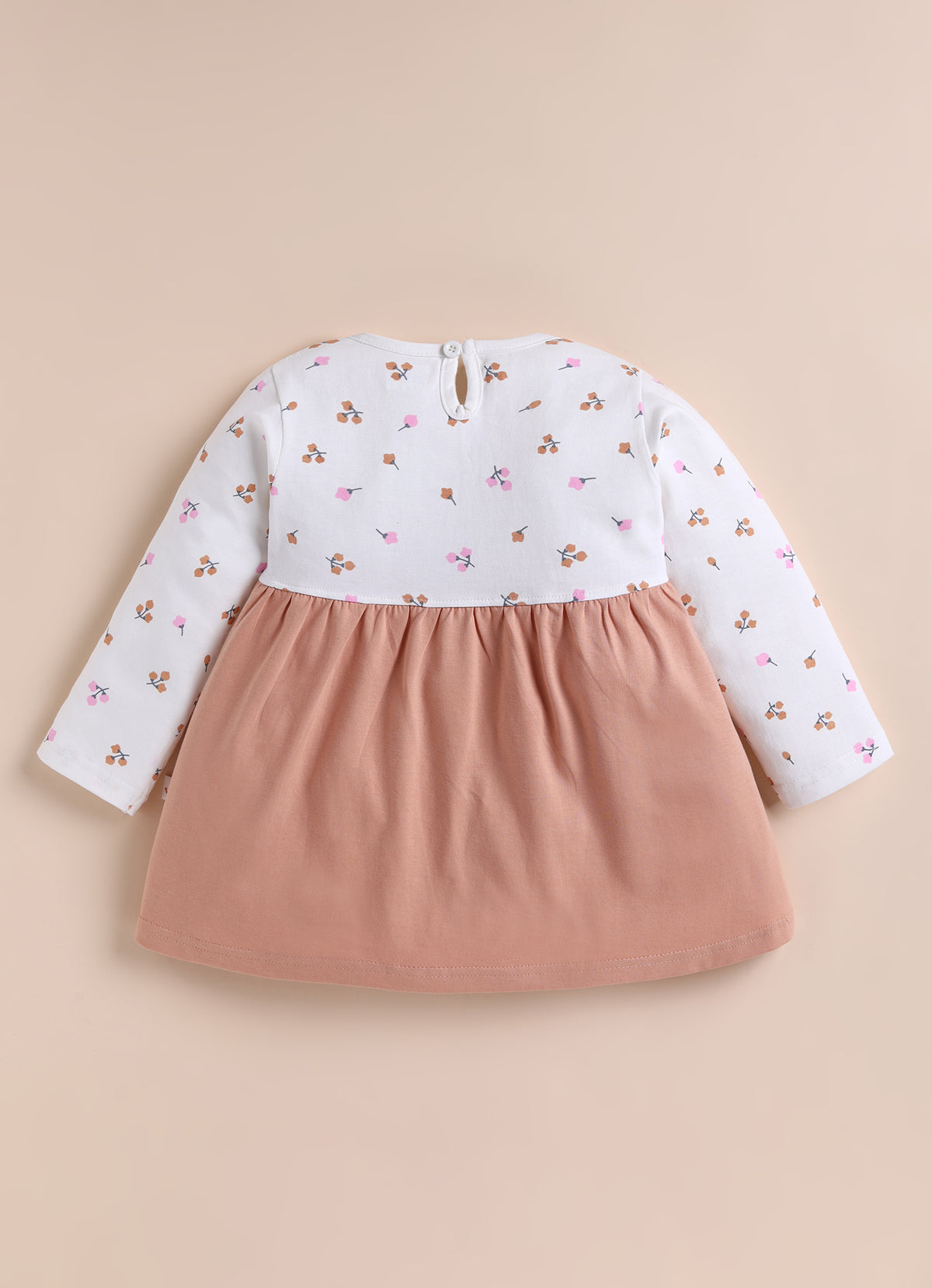 Bumzee Peach & White Floral Print Frock, Full Sleeves, 100% Cotton