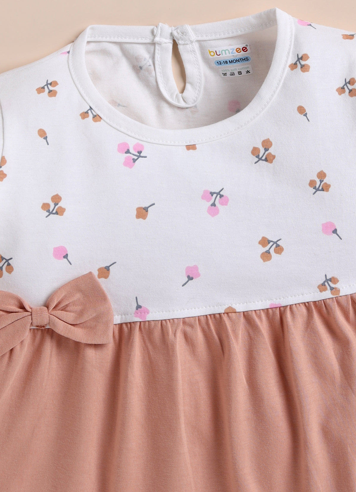 Bumzee Peach & White Floral Print Frock, Full Sleeves, 100% Cotton
