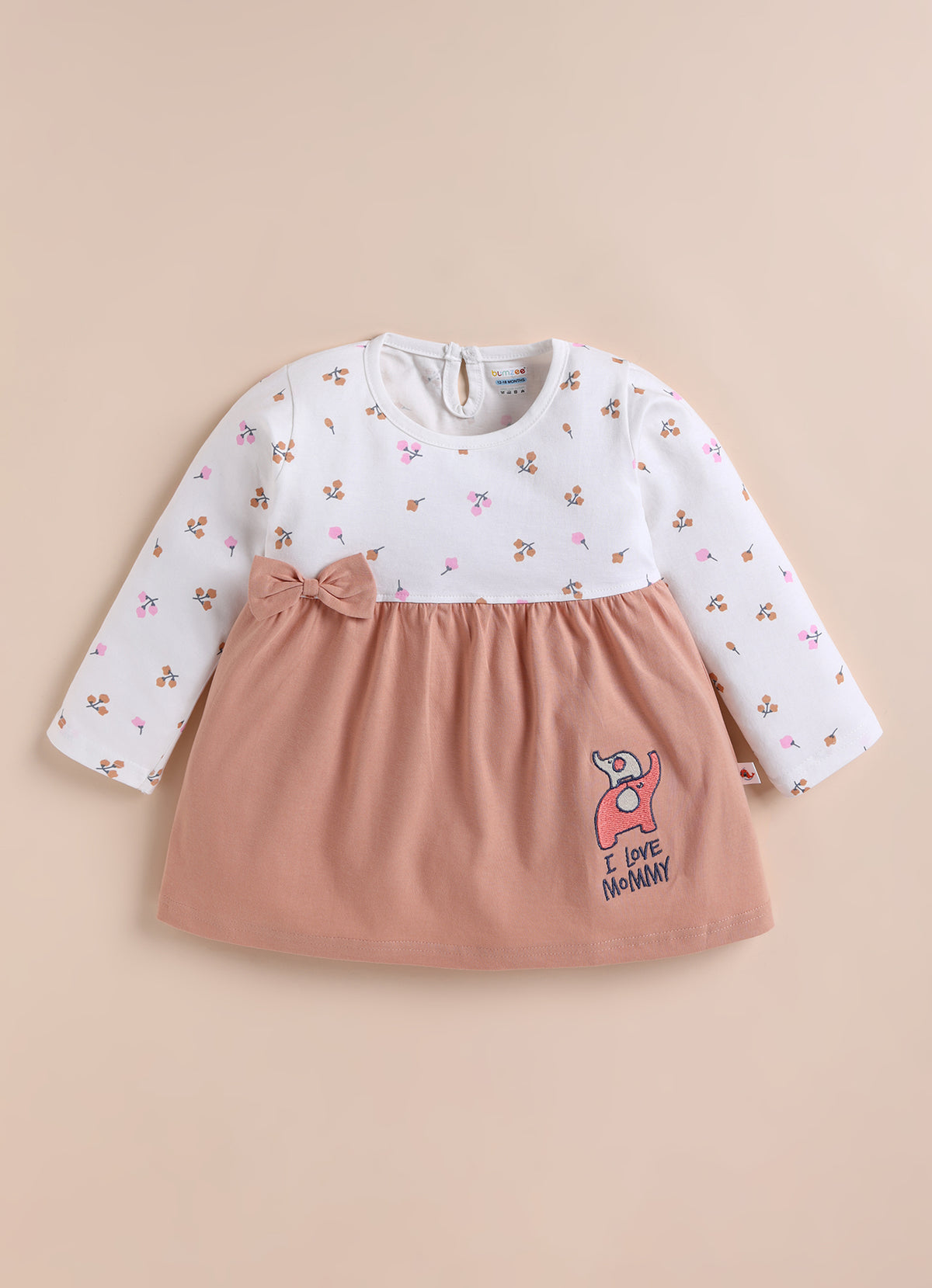 Bumzee Peach & White Floral Print Frock, Full Sleeves, 100% Cotton