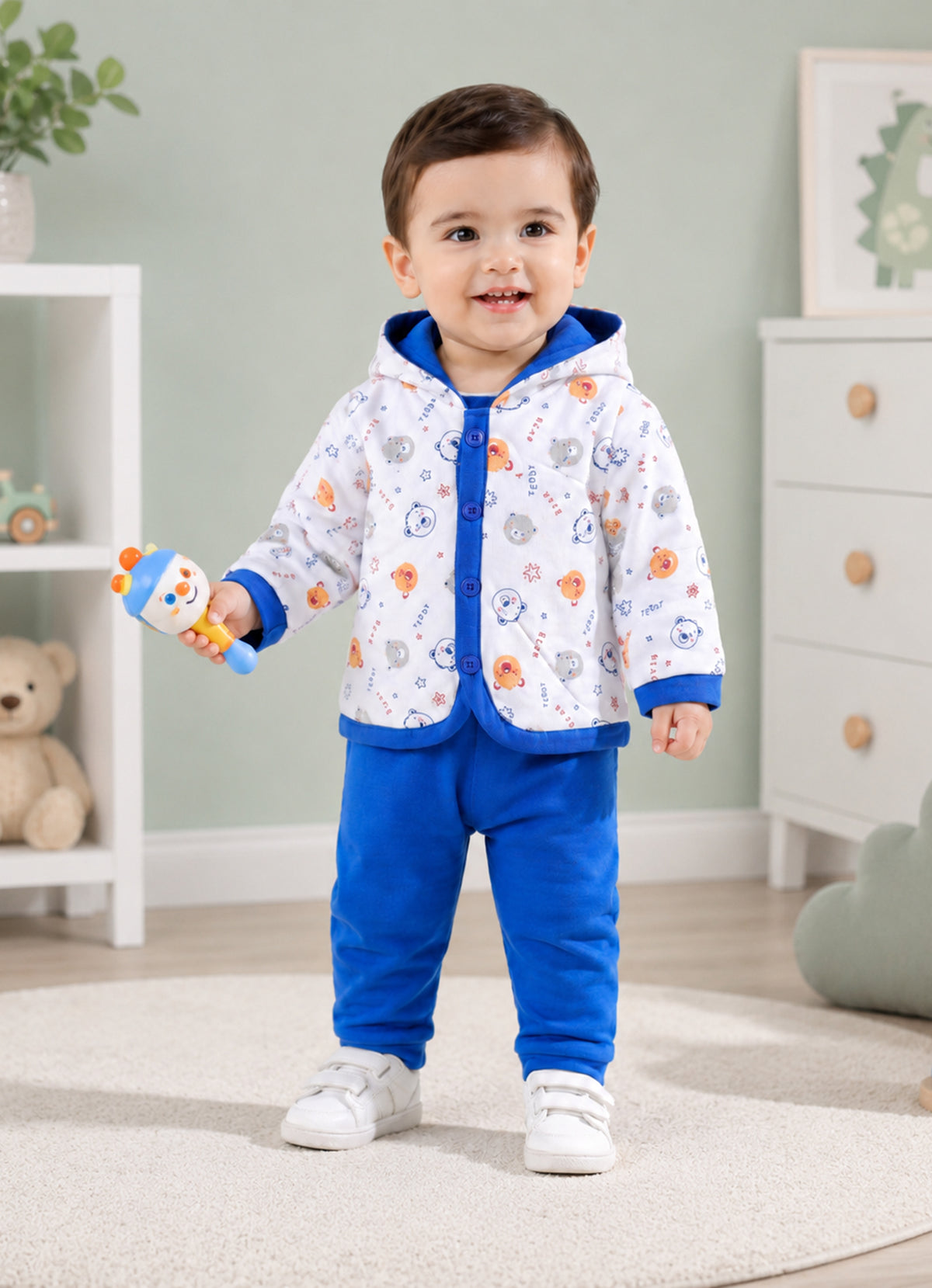 Bumzee White & Royal Blue Animal Print Winter Set, Full Sleeves, Cotton Padded