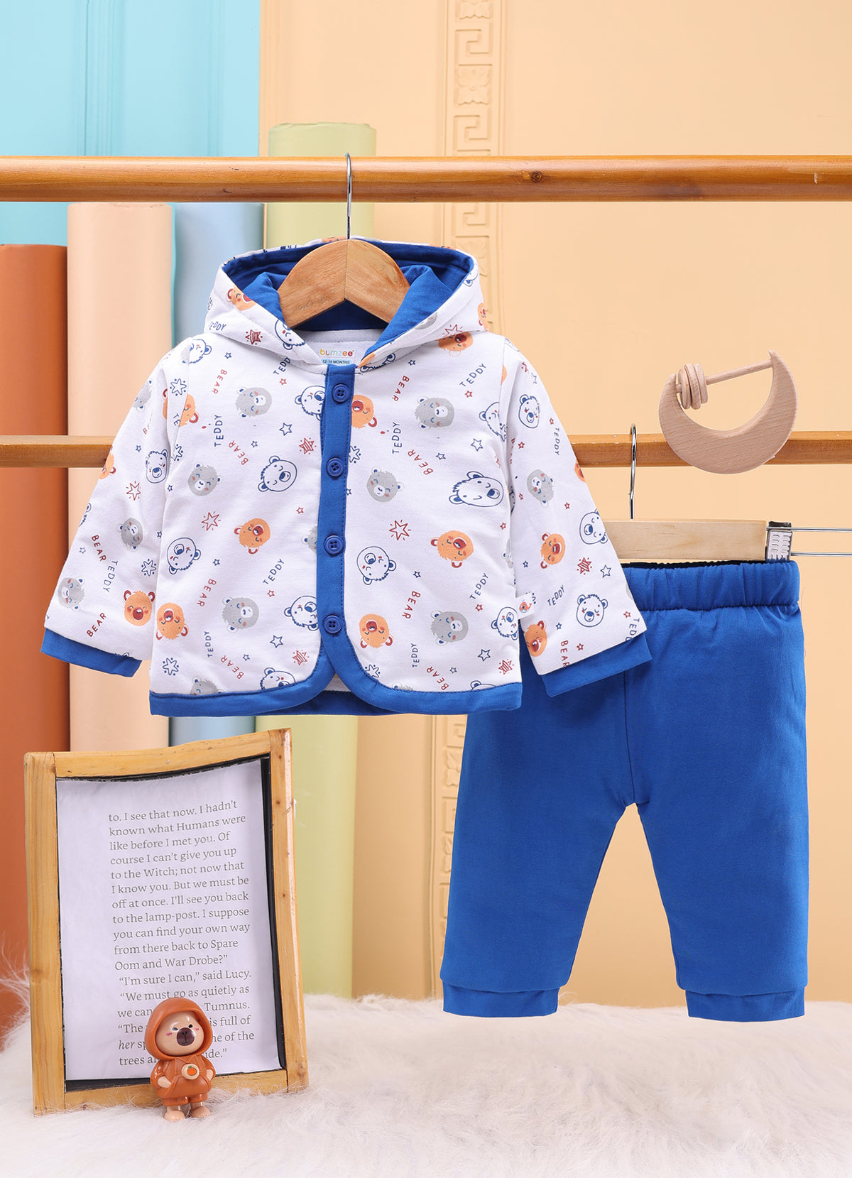 Bumzee White & Royal Blue Animal Print Winter Set, Full Sleeves, Cotton Padded