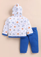 Bumzee White & Royal Blue Animal Print Winter Set, Full Sleeves, Cotton Padded