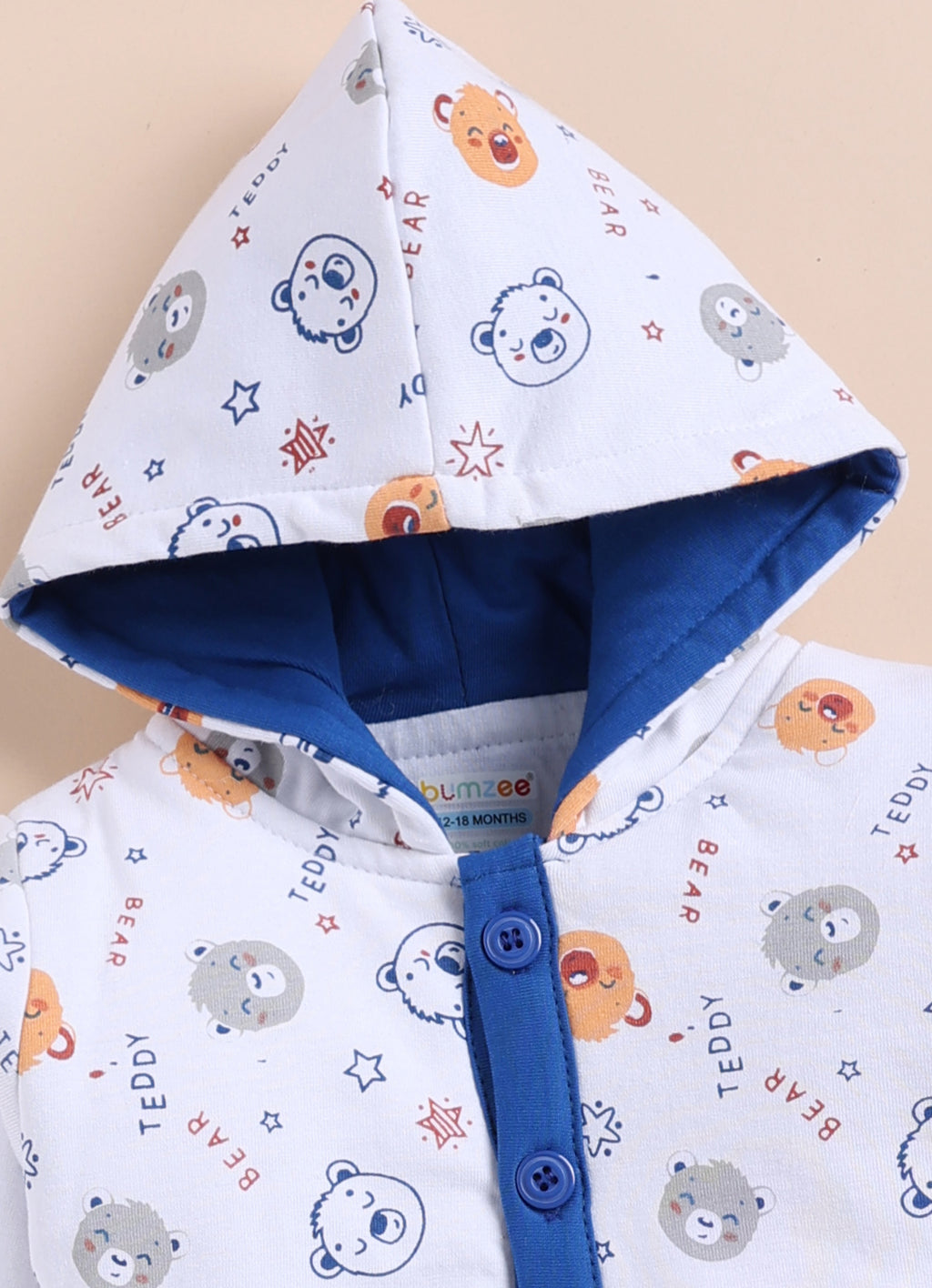 Bumzee White & Royal Blue Animal Print Winter Set, Full Sleeves, Cotton Padded