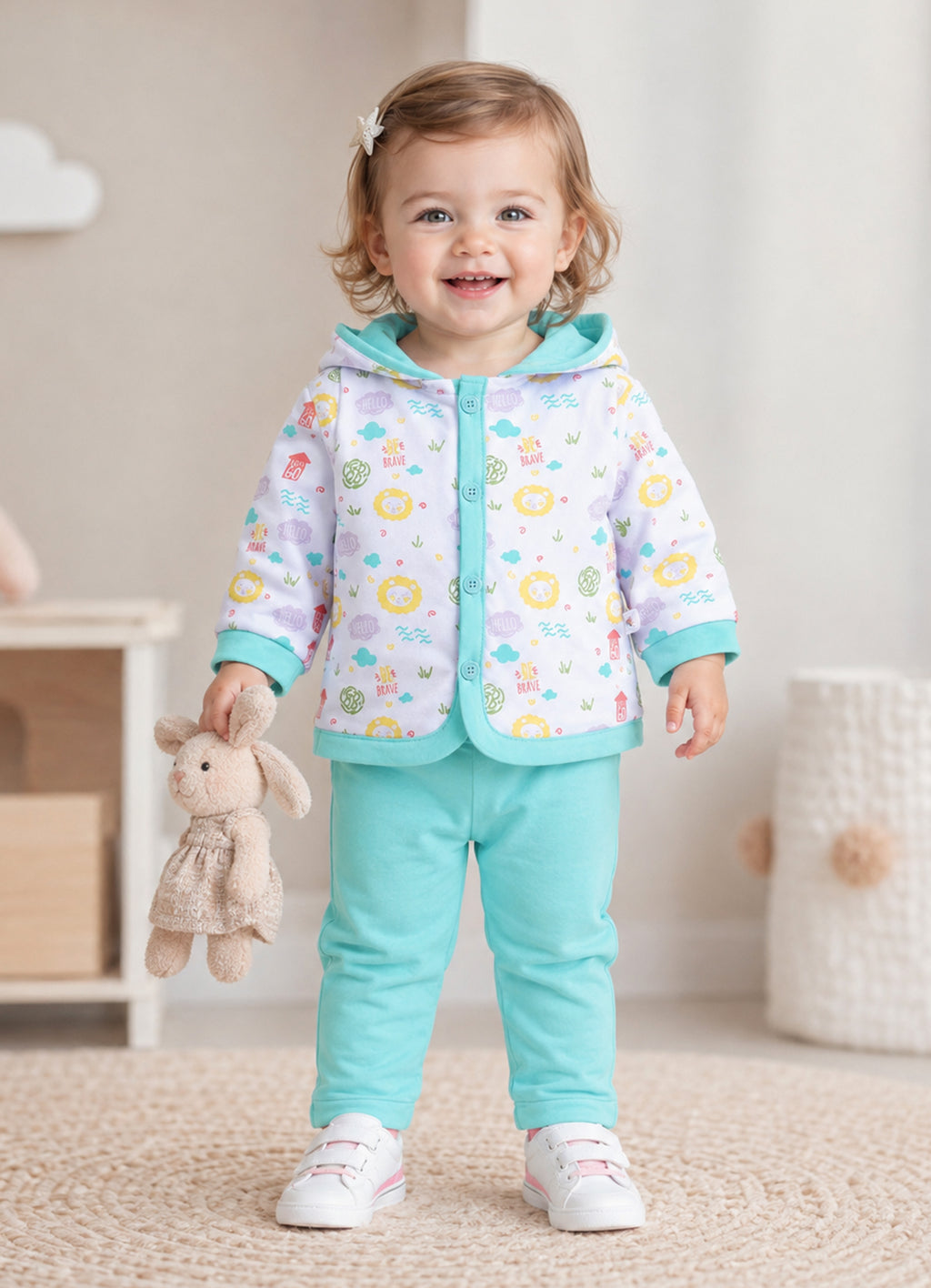 Bumzee White & Blue Animal Print Winter Set, Full Sleeves, Cotton Padded