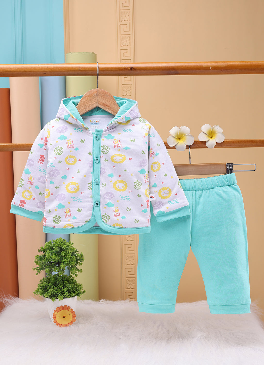 Bumzee White & Blue Animal Print Winter Set, Full Sleeves, Cotton Padded