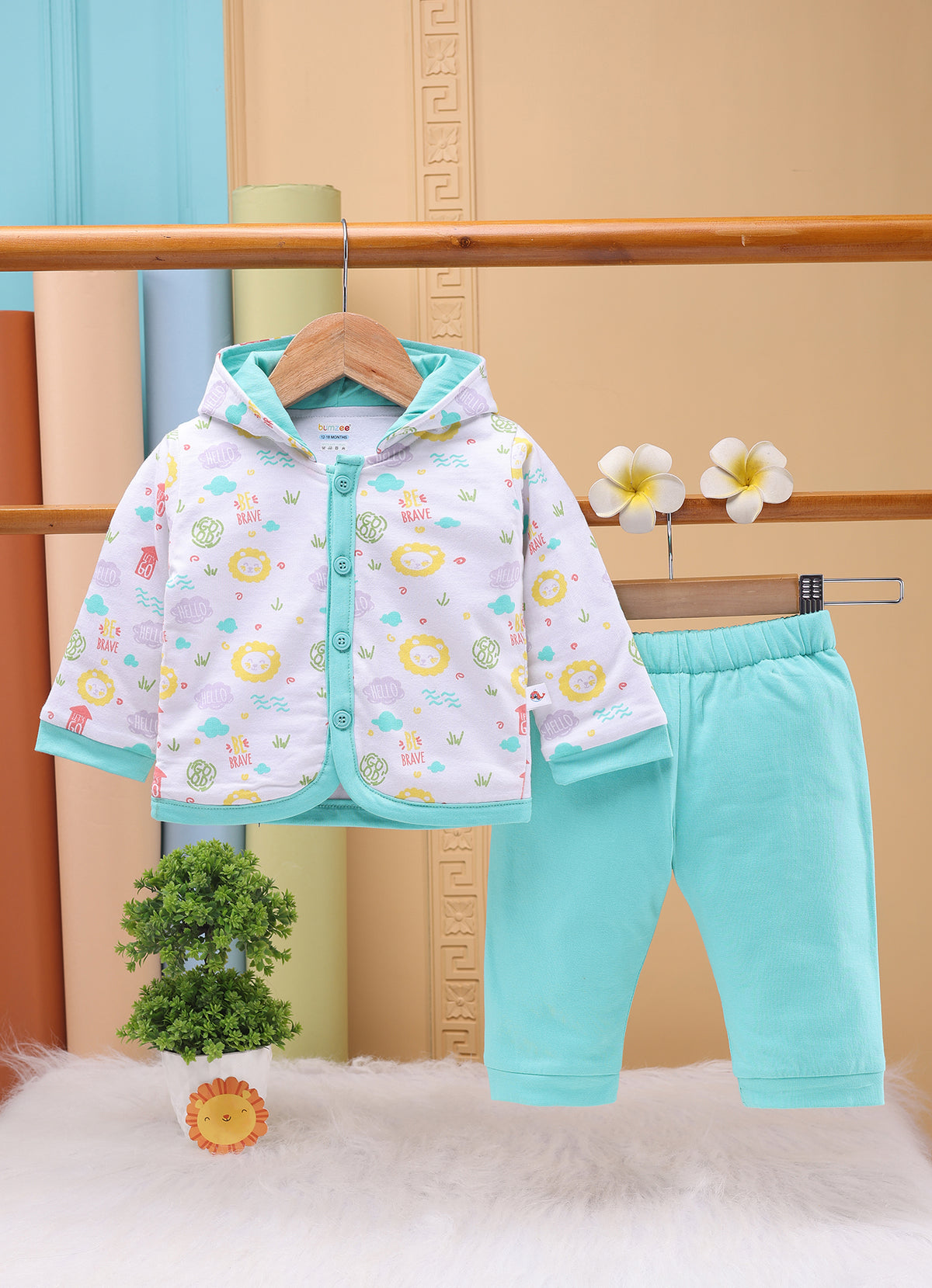 Bumzee White & Blue Animal Print Winter Set, Full Sleeves, Cotton Padded
