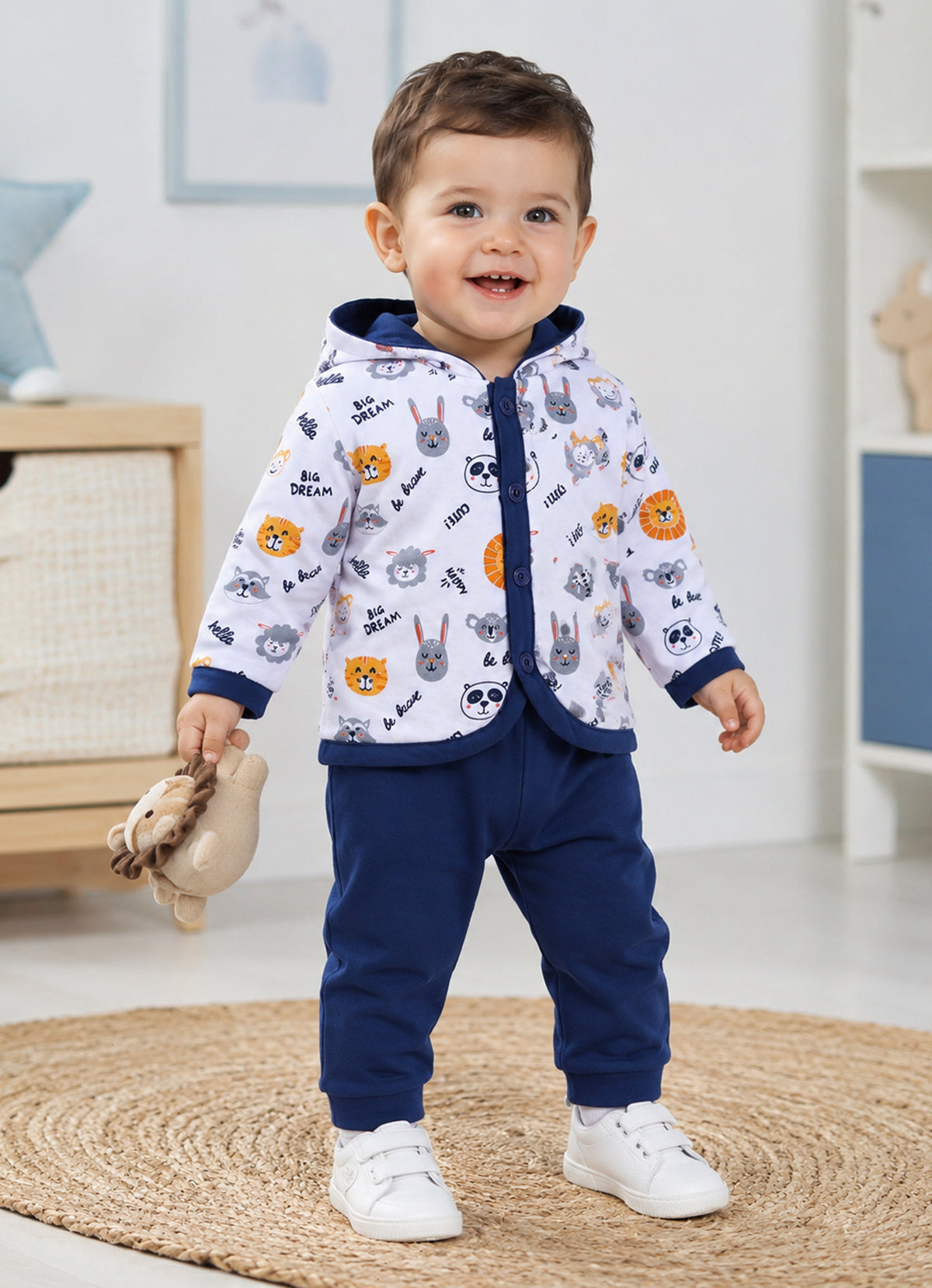 Bumzee White & Navy Animal Print Winter Set, Full Sleeves, Cotton Padded