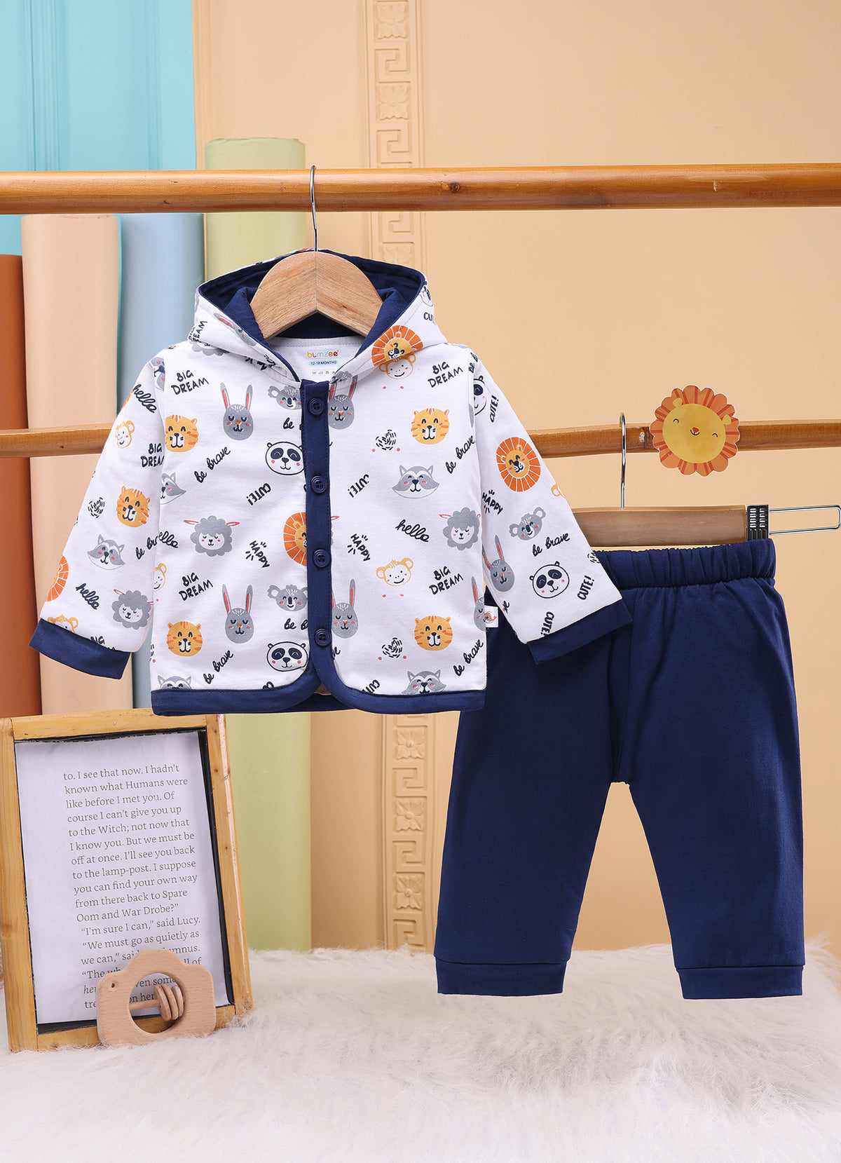 Bumzee White & Navy Animal Print Winter Set, Full Sleeves, Cotton Padded