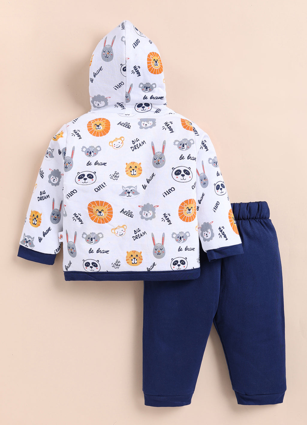 Bumzee White & Navy Animal Print Winter Set, Full Sleeves, Cotton Padded