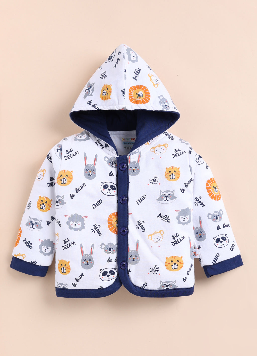 Bumzee White & Navy Animal Print Winter Set, Full Sleeves, Cotton Padded
