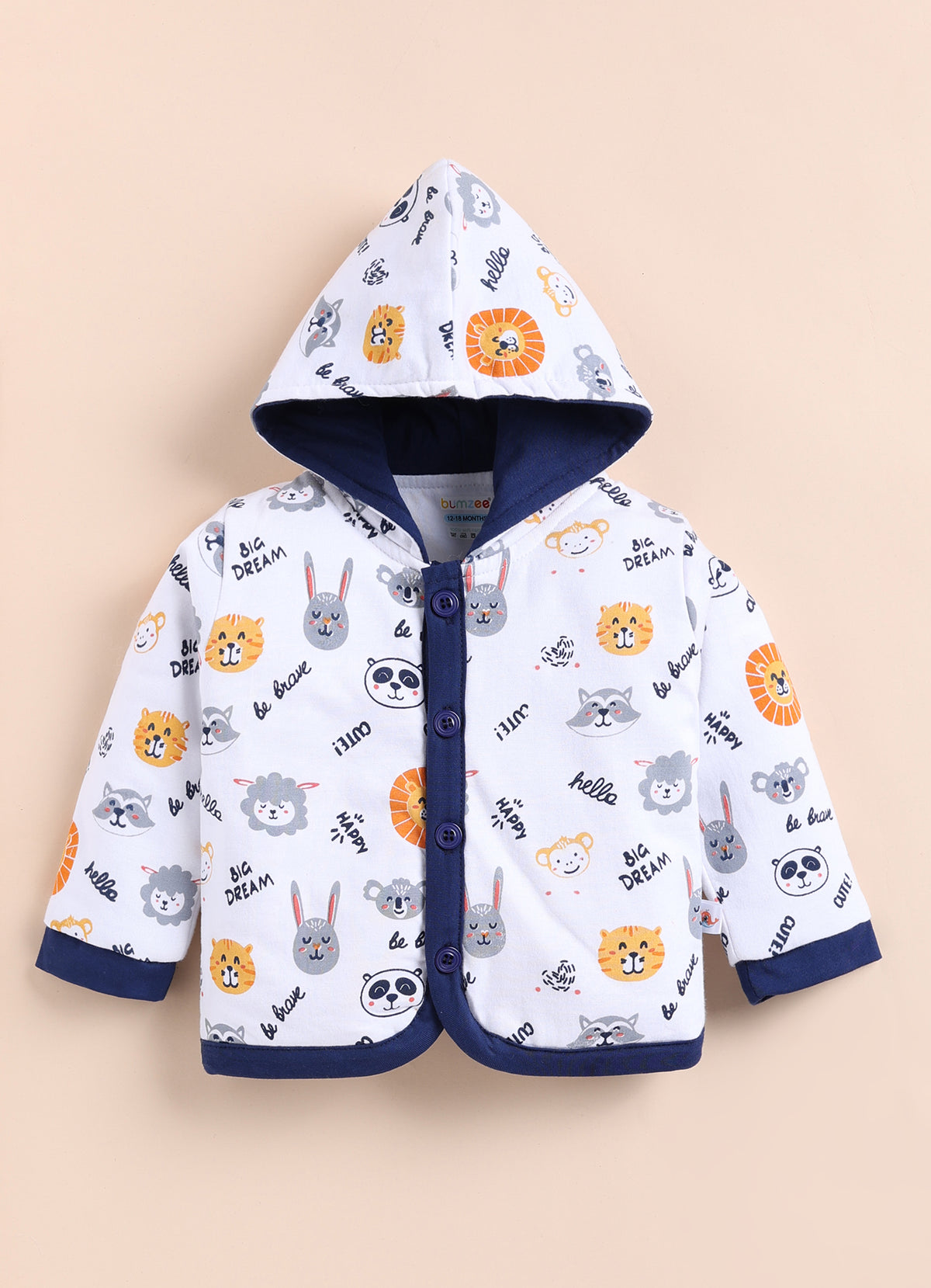 Bumzee White & Navy Animal Print Winter Set, Full Sleeves, Cotton Padded