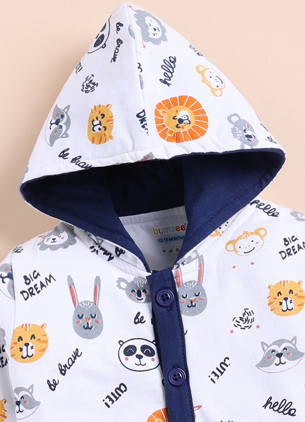 Bumzee White & Navy Animal Print Winter Set, Full Sleeves, Cotton Padded
