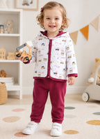 Bumzee White & Red Graphic Print Winter Set, Full Sleeves, Cotton Padded