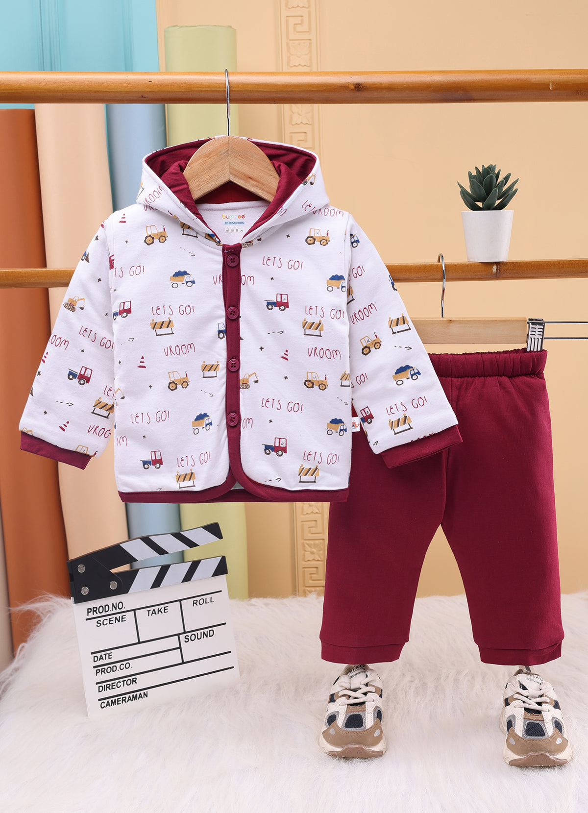 Bumzee White & Red Graphic Print Winter Set, Full Sleeves, Cotton Padded