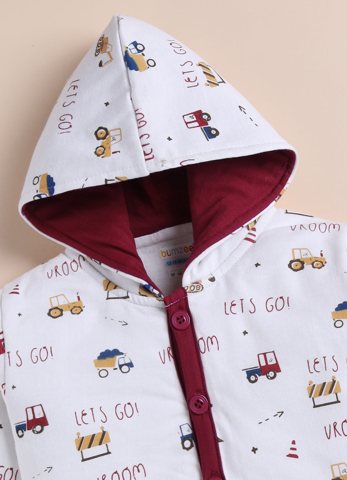 Bumzee White & Red Graphic Print Winter Set, Full Sleeves, Cotton Padded