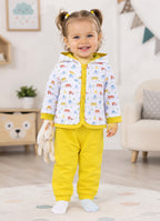 Bumzee White & Yellow Graphic Print Winter Set, Full Sleeves, Cotton Padded