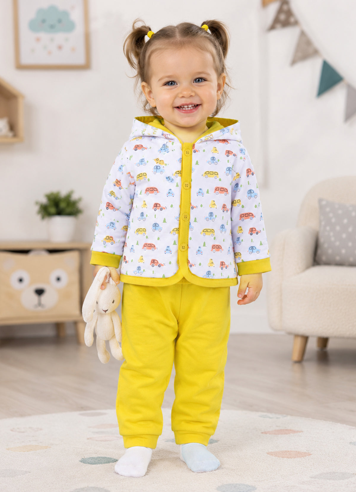 Bumzee White & Yellow Graphic Print Winter Set, Full Sleeves, Cotton Padded