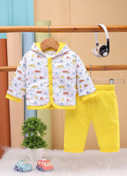 Bumzee White & Yellow Graphic Print Winter Set, Full Sleeves, Cotton Padded