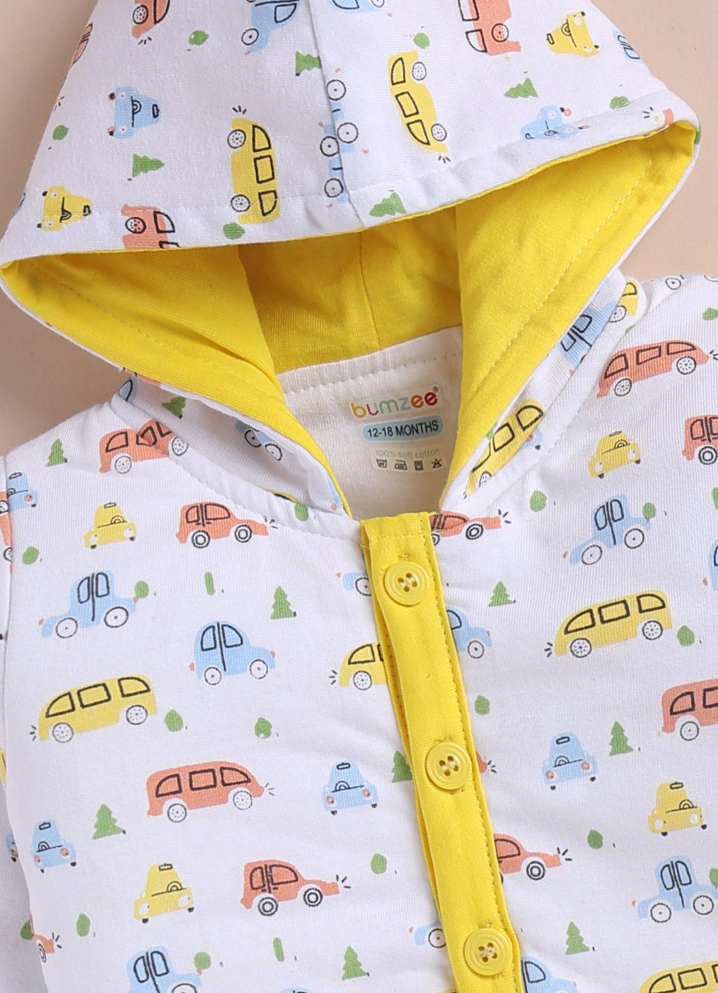 Bumzee White & Yellow Graphic Print Winter Set, Full Sleeves, Cotton Padded