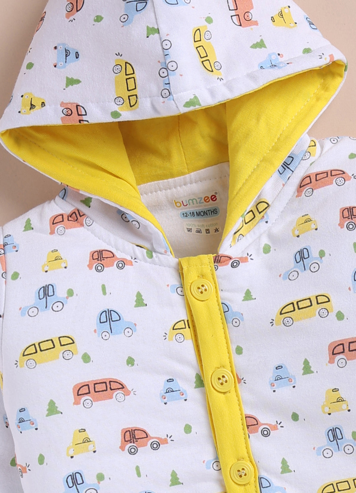 Bumzee White & Yellow Graphic Print Winter Set, Full Sleeves, Cotton Padded