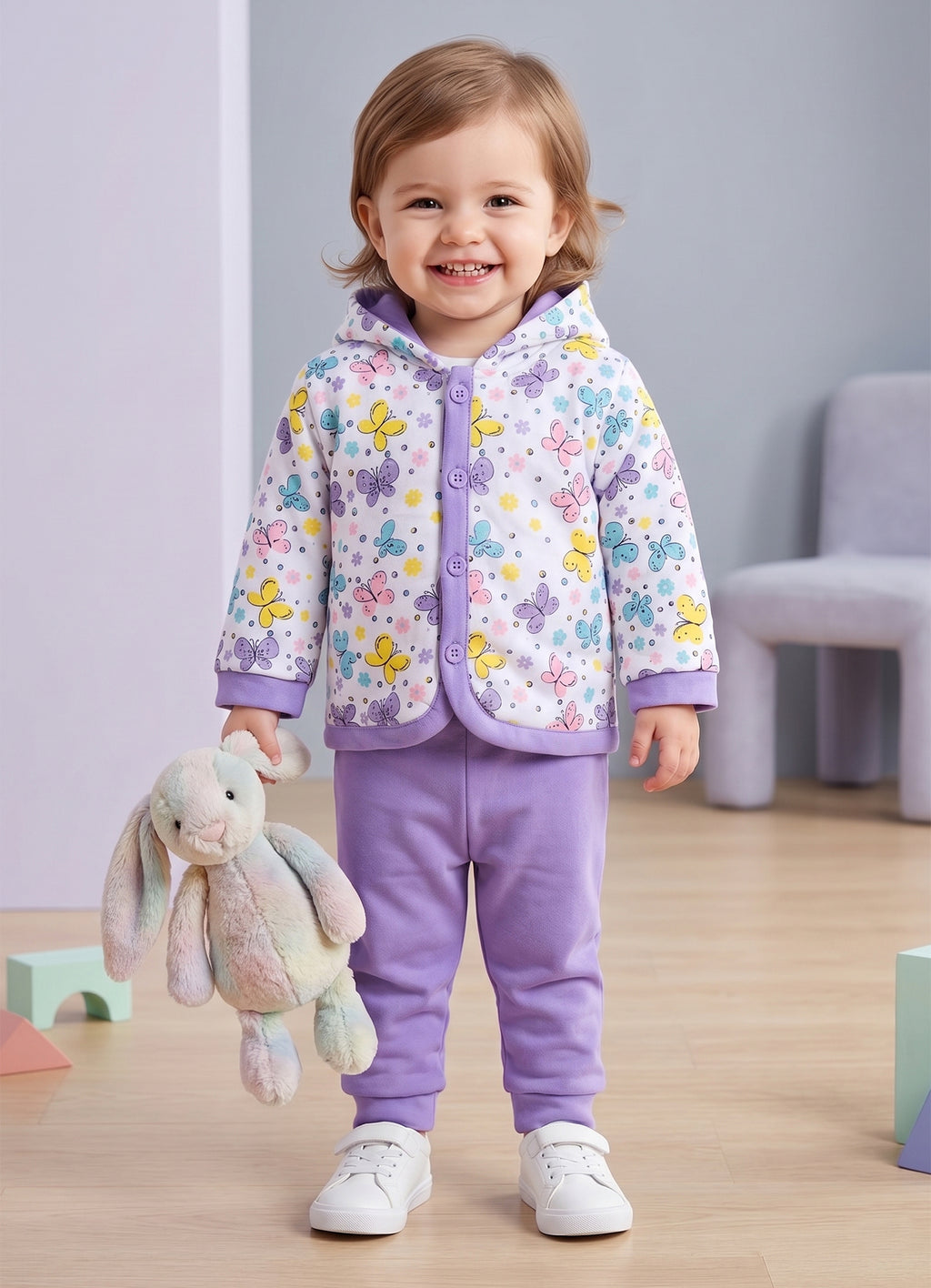 Bumzee White & Lavender Animal Print Winter Set, Full Sleeves, Cotton Padded