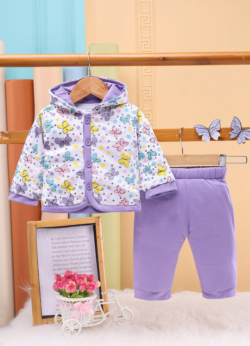 Bumzee White & Lavender Animal Print Winter Set, Full Sleeves, Cotton Padded