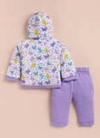 Bumzee White & Lavender Animal Print Winter Set, Full Sleeves, Cotton Padded