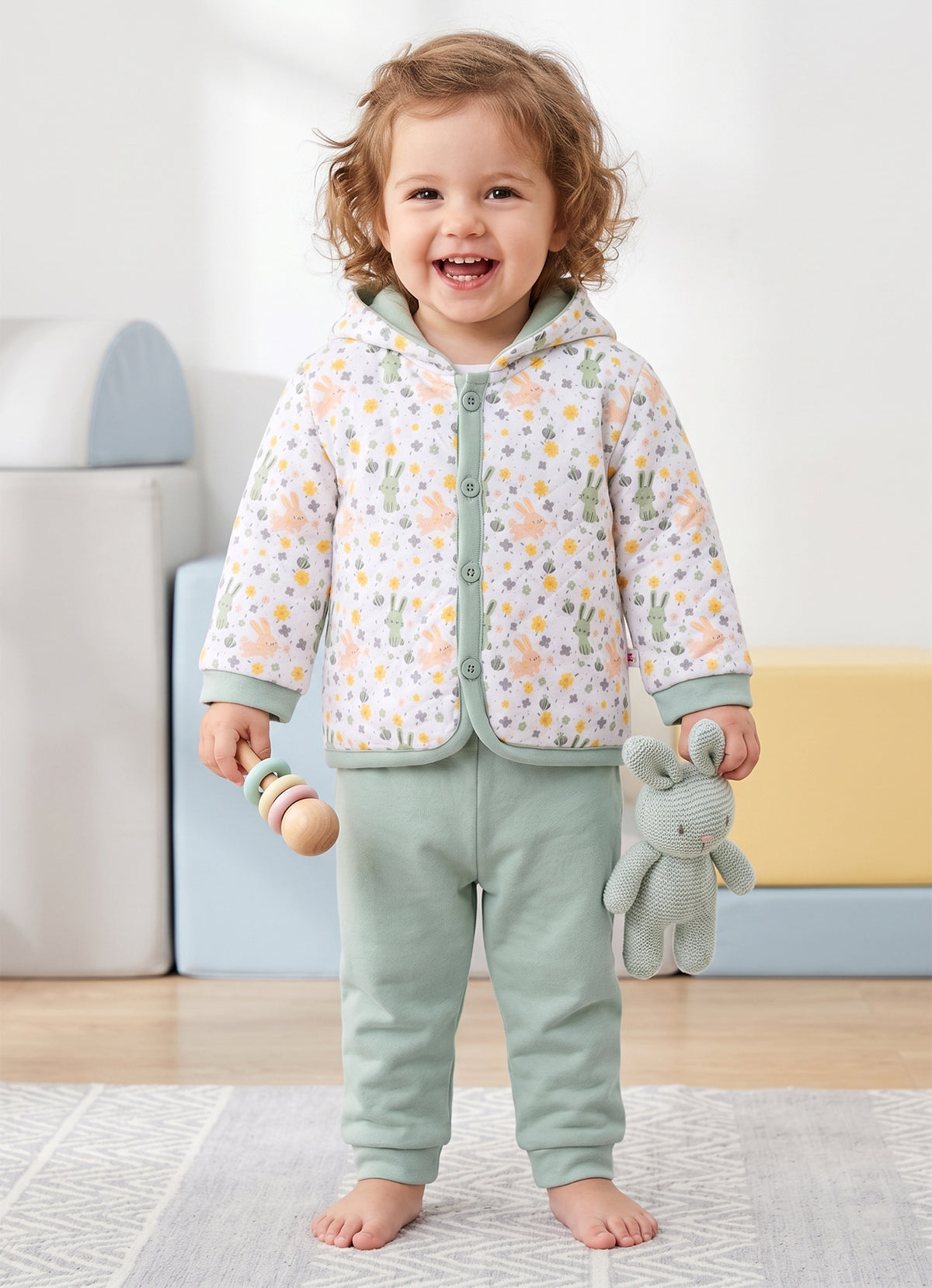 Bumzee White & Green Animal Print Winter Set, Full Sleeves, Cotton Padded