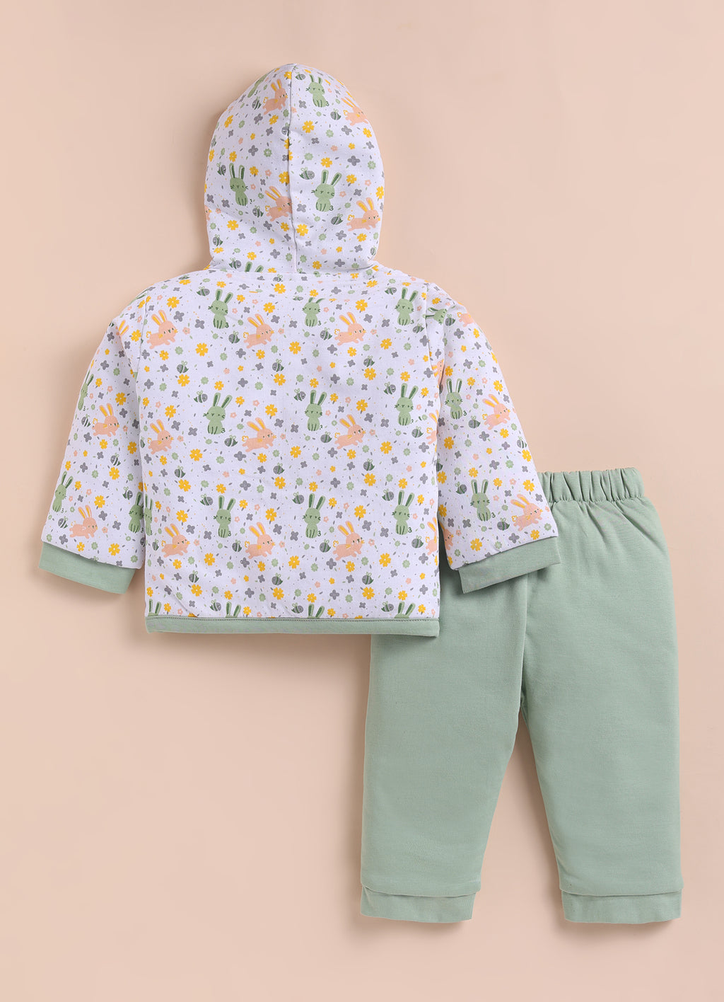 Bumzee White & Green Animal Print Winter Set, Full Sleeves, Cotton Padded