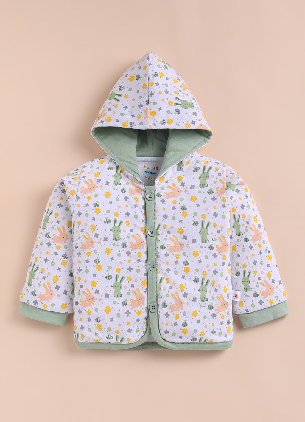 Bumzee White & Green Animal Print Winter Set, Full Sleeves, Cotton Padded