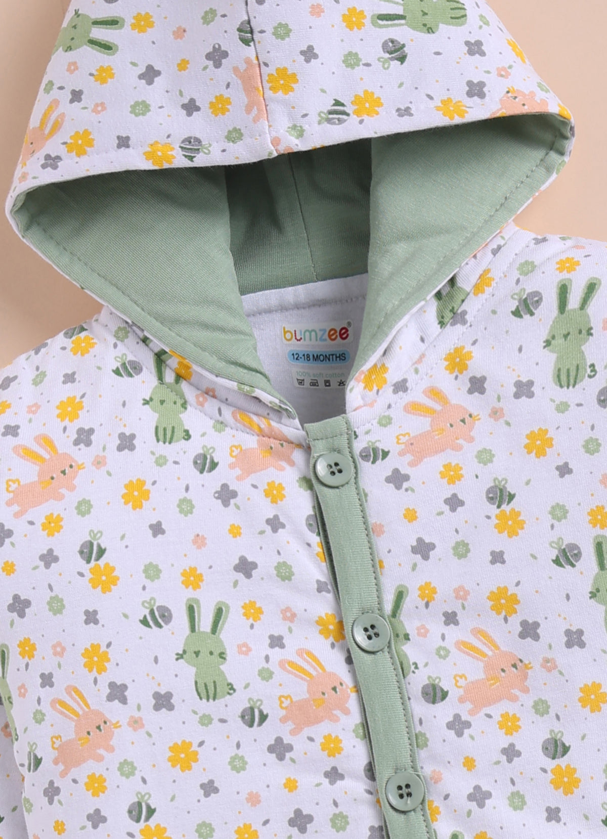 Bumzee White & Green Animal Print Winter Set, Full Sleeves, Cotton Padded