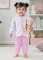 Bumzee White & Baby Pink Floral Print Winter Set, Full Sleeves, Cotton Padded