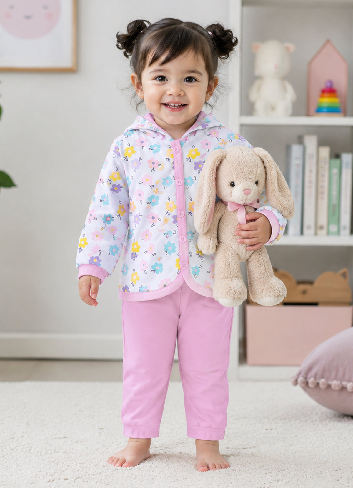 Bumzee White & Baby Pink Floral Print Winter Set, Full Sleeves, Cotton Padded