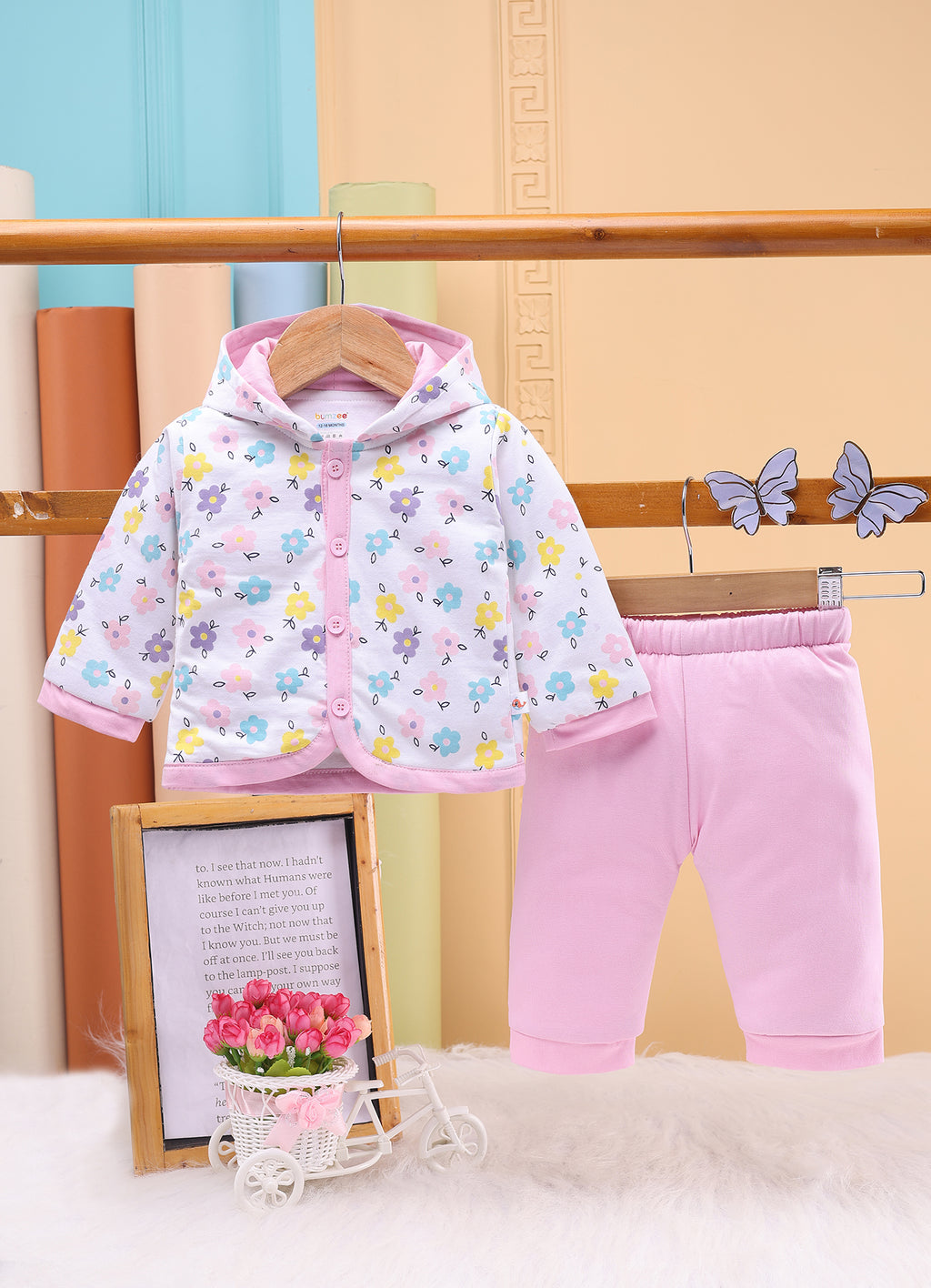 Bumzee White & Baby Pink Floral Print Winter Set, Full Sleeves, Cotton Padded