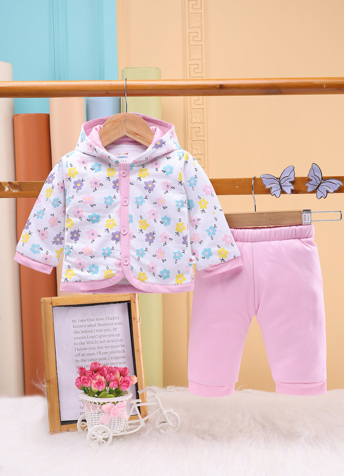 Bumzee White & Baby Pink Floral Print Winter Set, Full Sleeves, Cotton Padded