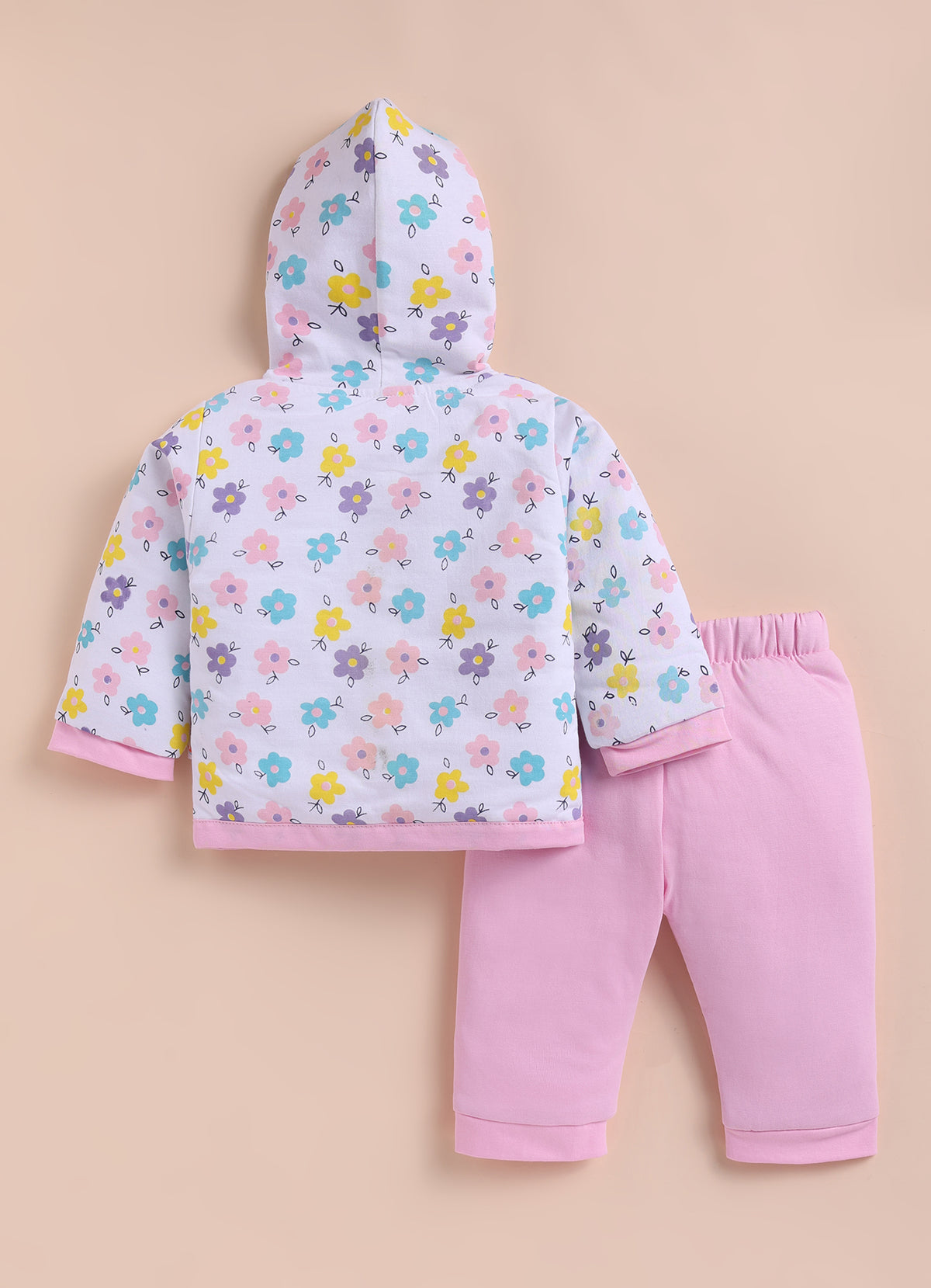 Bumzee White & Baby Pink Floral Print Winter Set, Full Sleeves, Cotton Padded