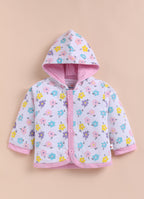 Bumzee White & Baby Pink Floral Print Winter Set, Full Sleeves, Cotton Padded