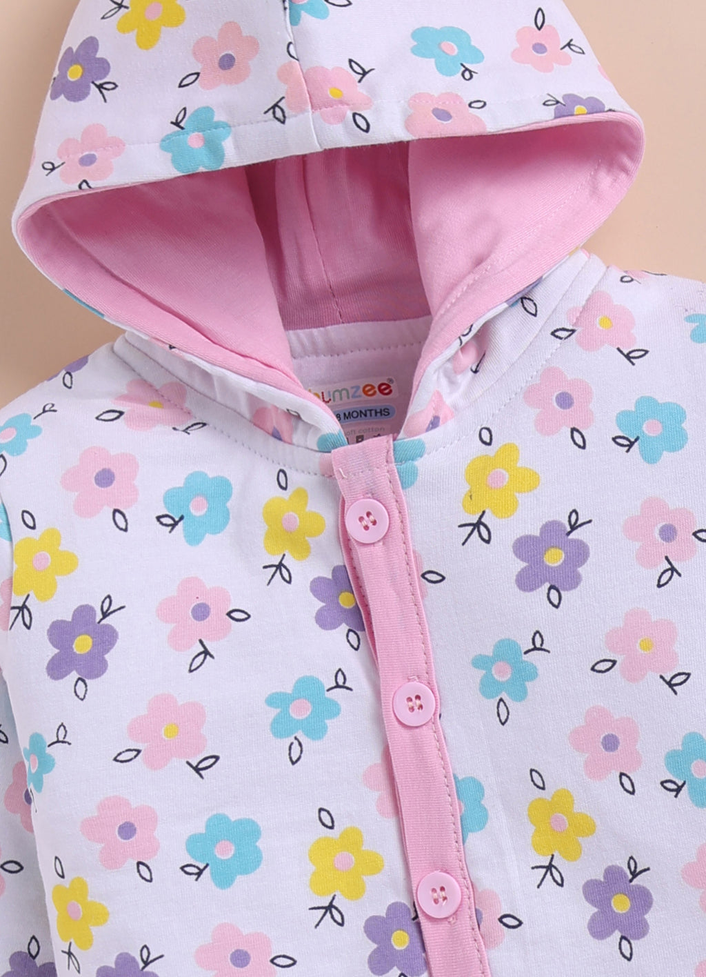 Bumzee White & Baby Pink Floral Print Winter Set, Full Sleeves, Cotton Padded