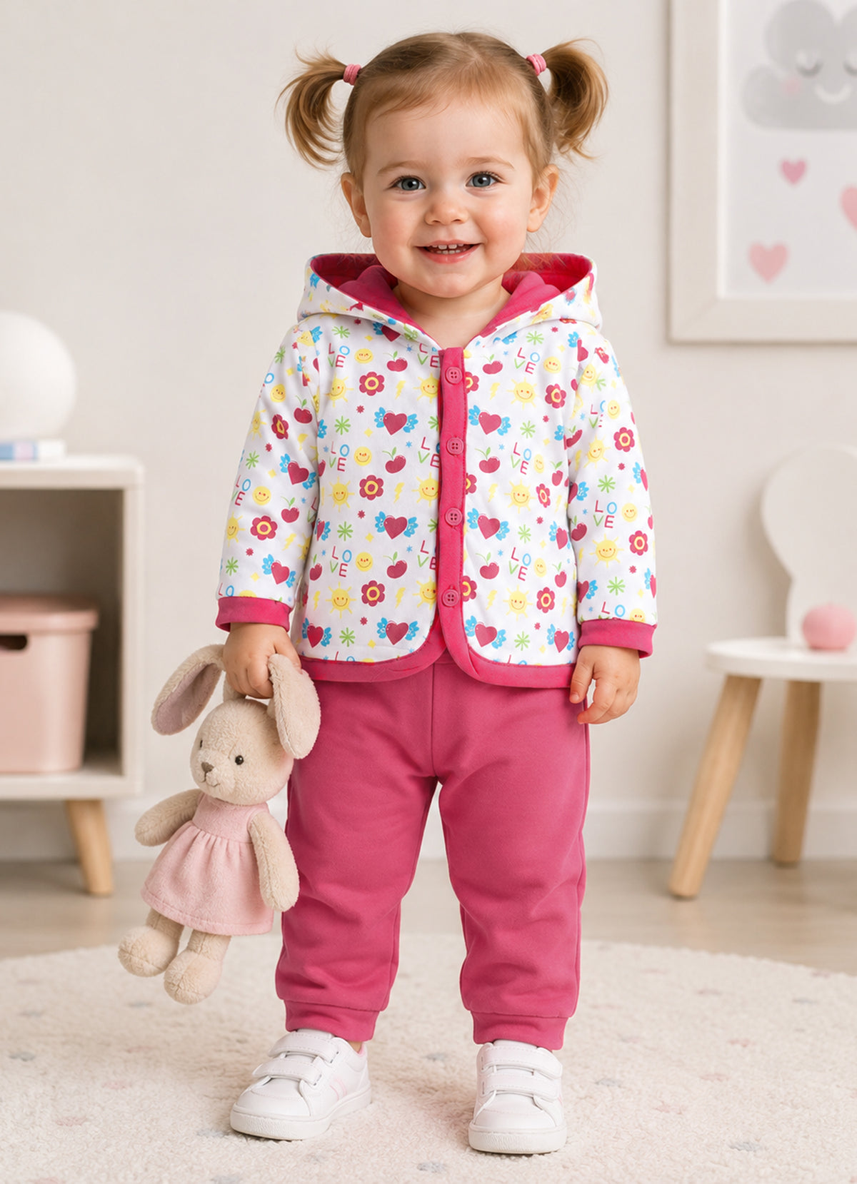 Bumzee White & Coral Graphic Print Winter Set, Full Sleeves, Cotton Padded