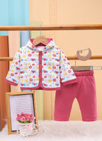 Bumzee White & Coral Graphic Print Winter Set, Full Sleeves, Cotton Padded