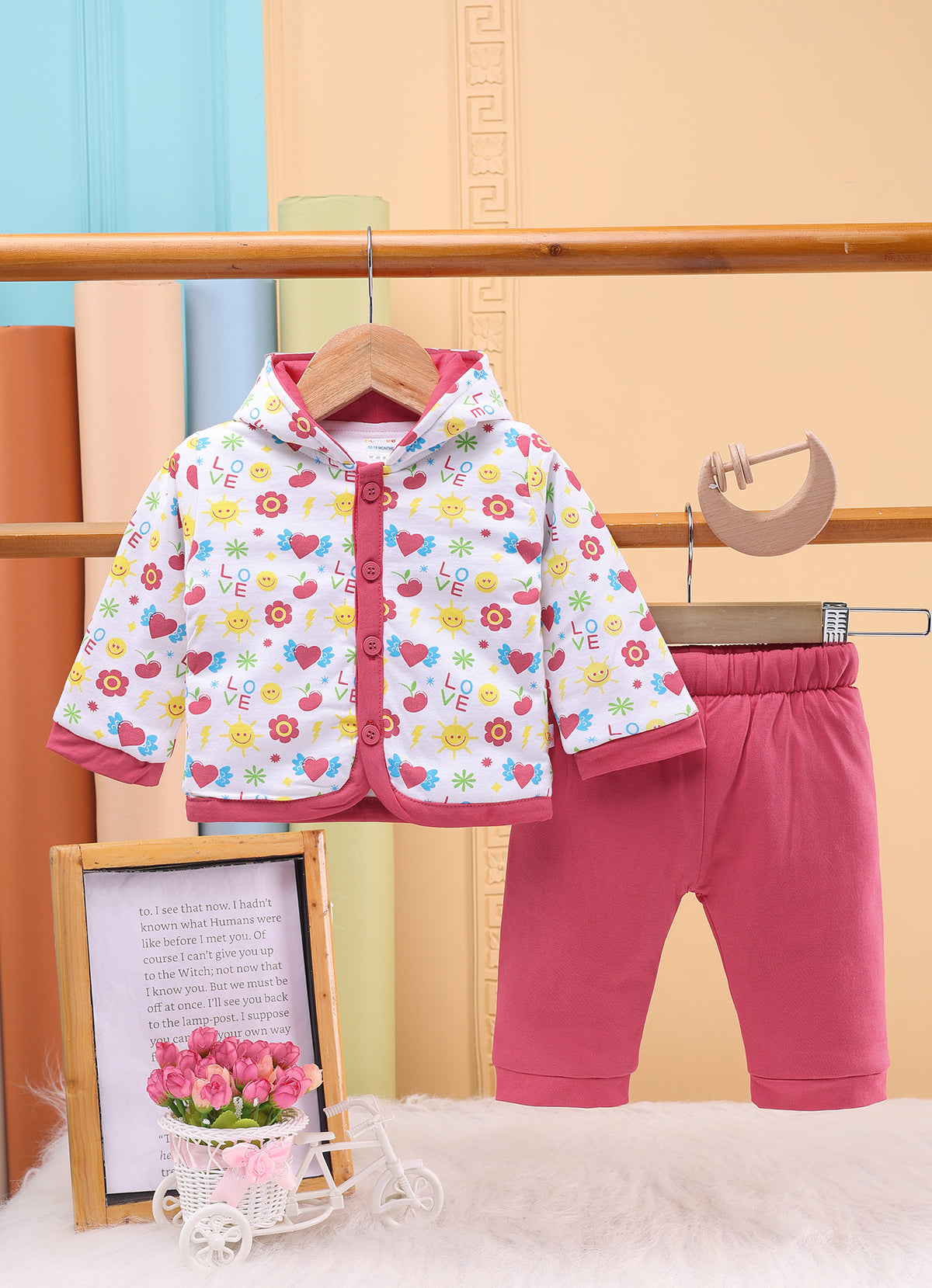 Bumzee White & Coral Graphic Print Winter Set, Full Sleeves, Cotton Padded