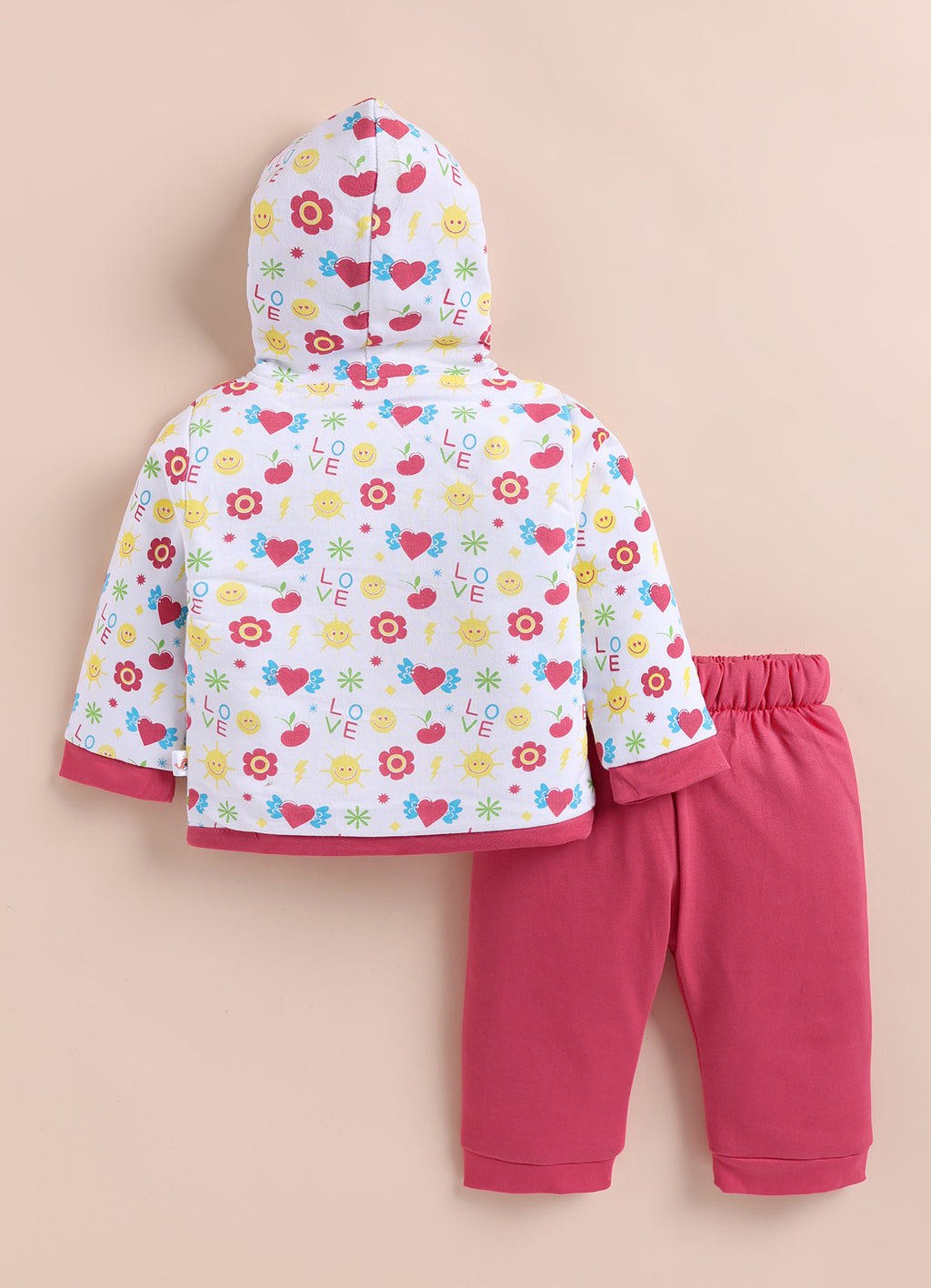 Bumzee White & Coral Graphic Print Winter Set, Full Sleeves, Cotton Padded