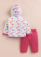 Bumzee White & Coral Graphic Print Winter Set, Full Sleeves, Cotton Padded