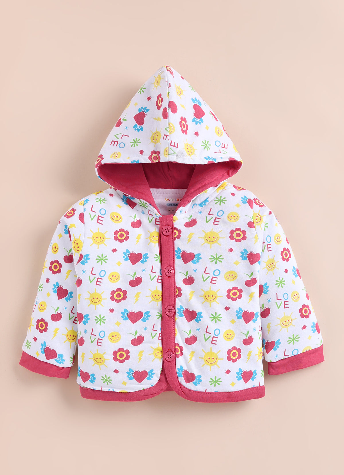 Bumzee White & Coral Graphic Print Winter Set, Full Sleeves, Cotton Padded