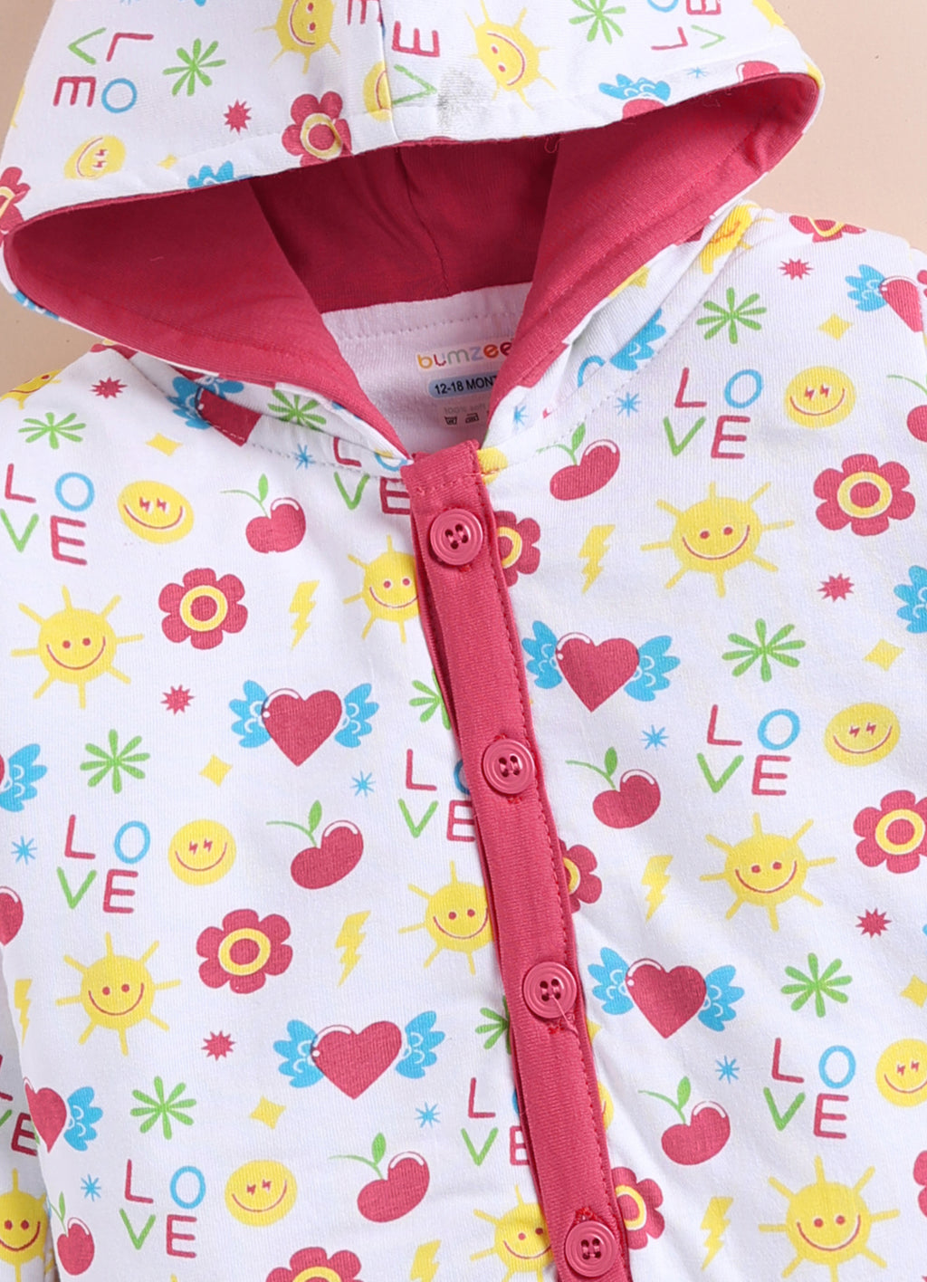 Bumzee White & Coral Graphic Print Winter Set, Full Sleeves, Cotton Padded