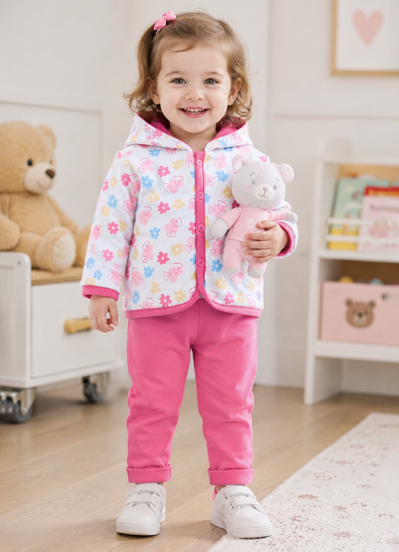 Bumzee White & Pink Floral Print Winter Set, Full Sleeves, Cotton Padded
