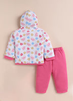 Bumzee White & Pink Floral Print Winter Set, Full Sleeves, Cotton Padded
