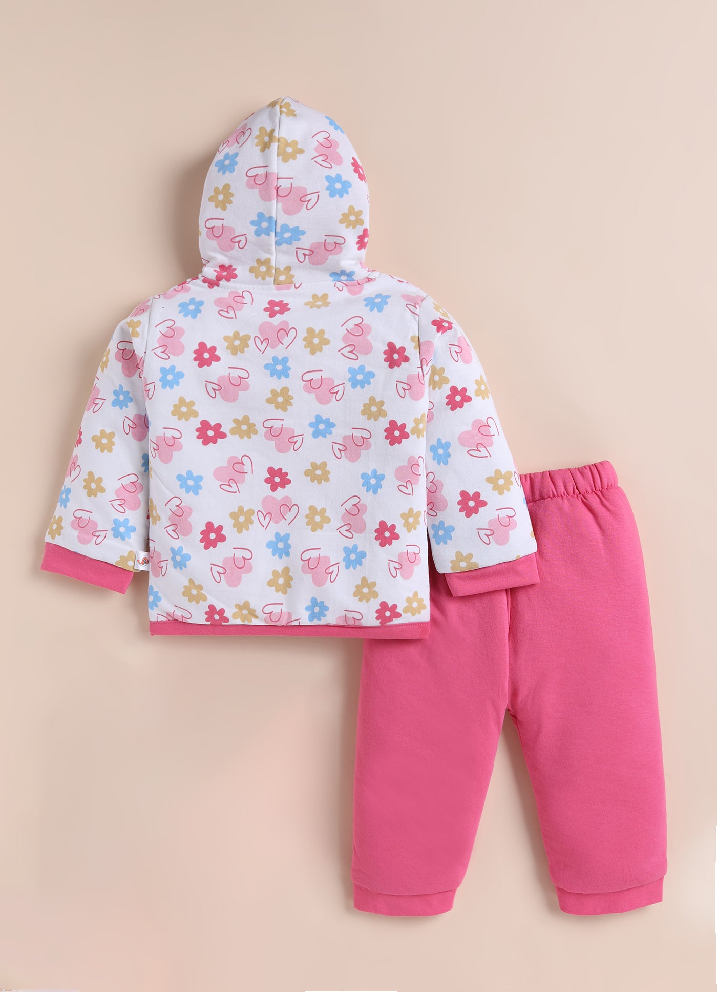 Bumzee White & Pink Floral Print Winter Set, Full Sleeves, Cotton Padded