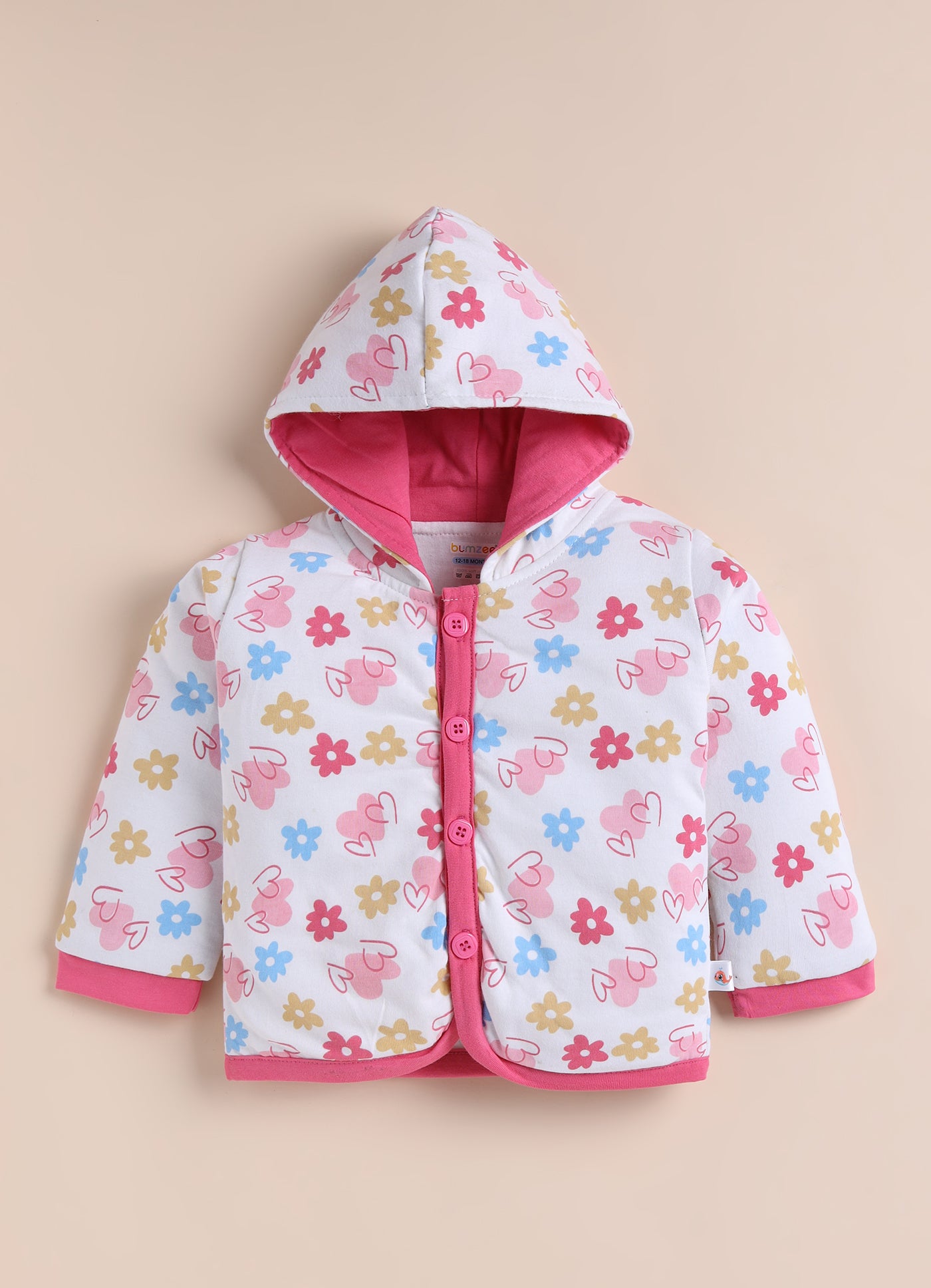 Bumzee White & Pink Floral Print Winter Set, Full Sleeves, Cotton Padded