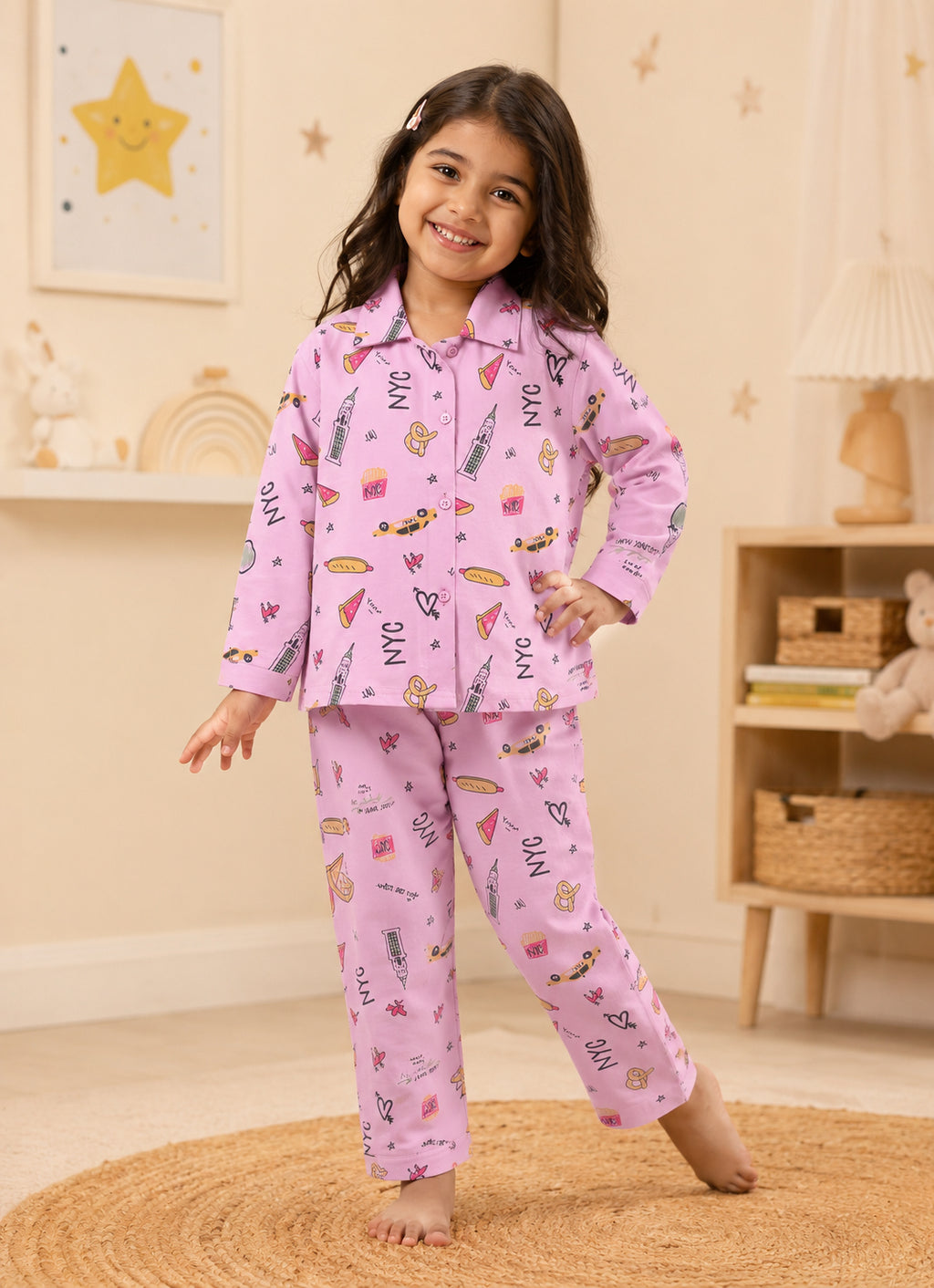 Bumzee Pink Graphic Print Nightsuit, Full Sleeves, 100% Cotton